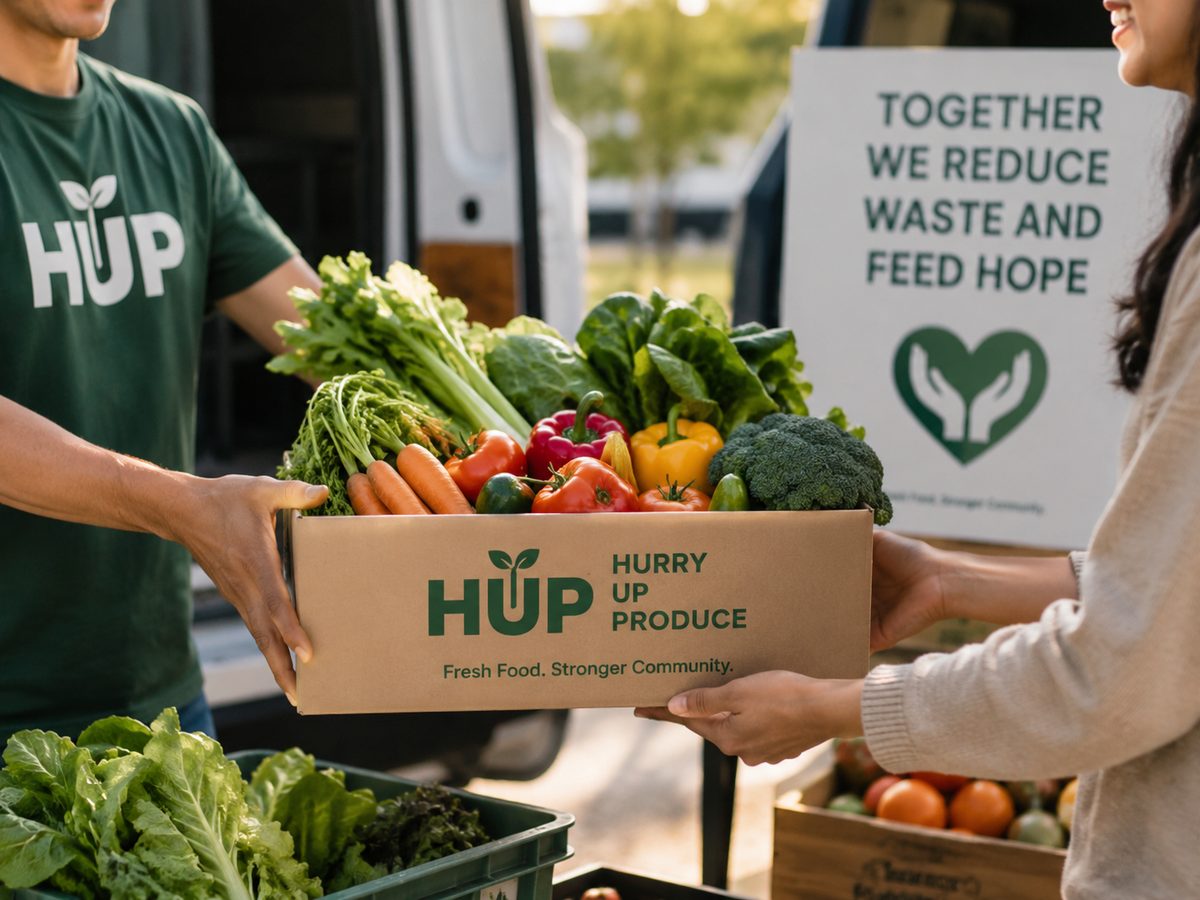 A Hurry Up Produce volunteer handing a box of fresh vegetables to a recipient