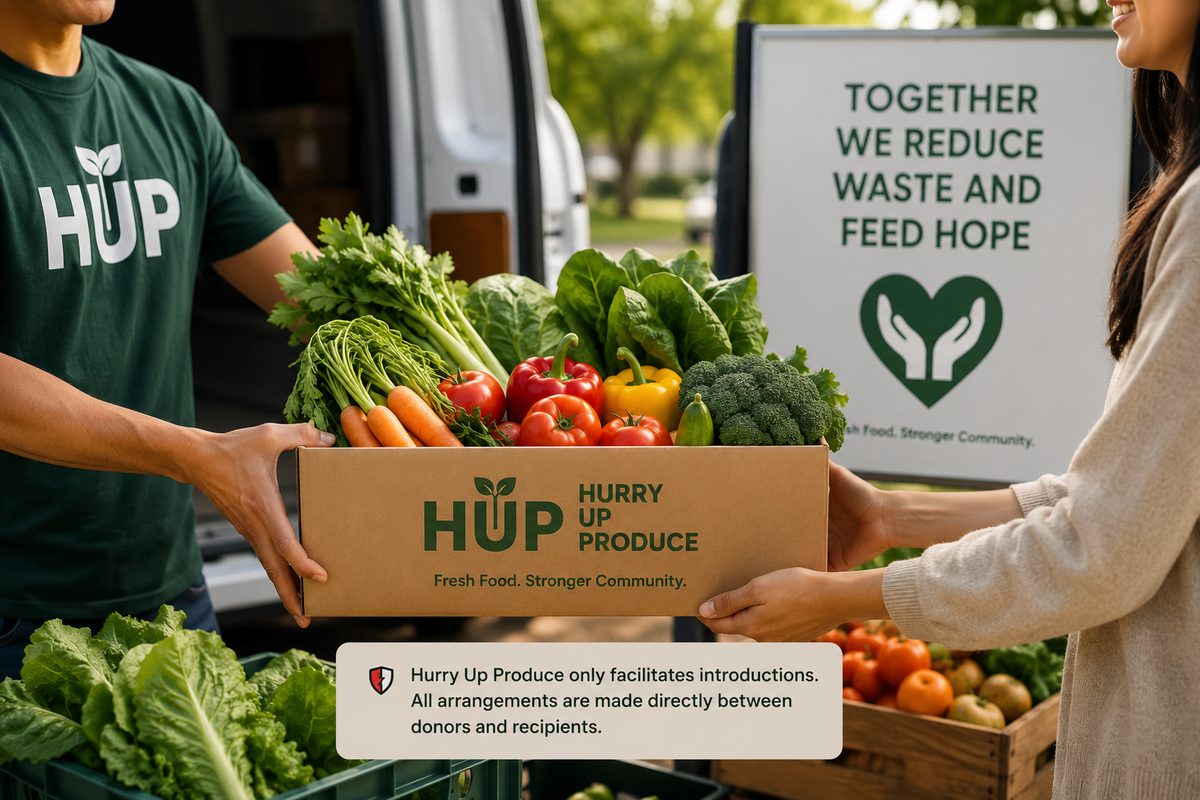 A donor hands a Hurry Up Produce box of fresh vegetables to a taker