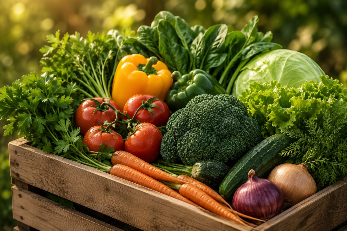 Wooden crate packed with fresh rescued produce — tomatoes, peppers, broccoli, carrots, and leafy greens